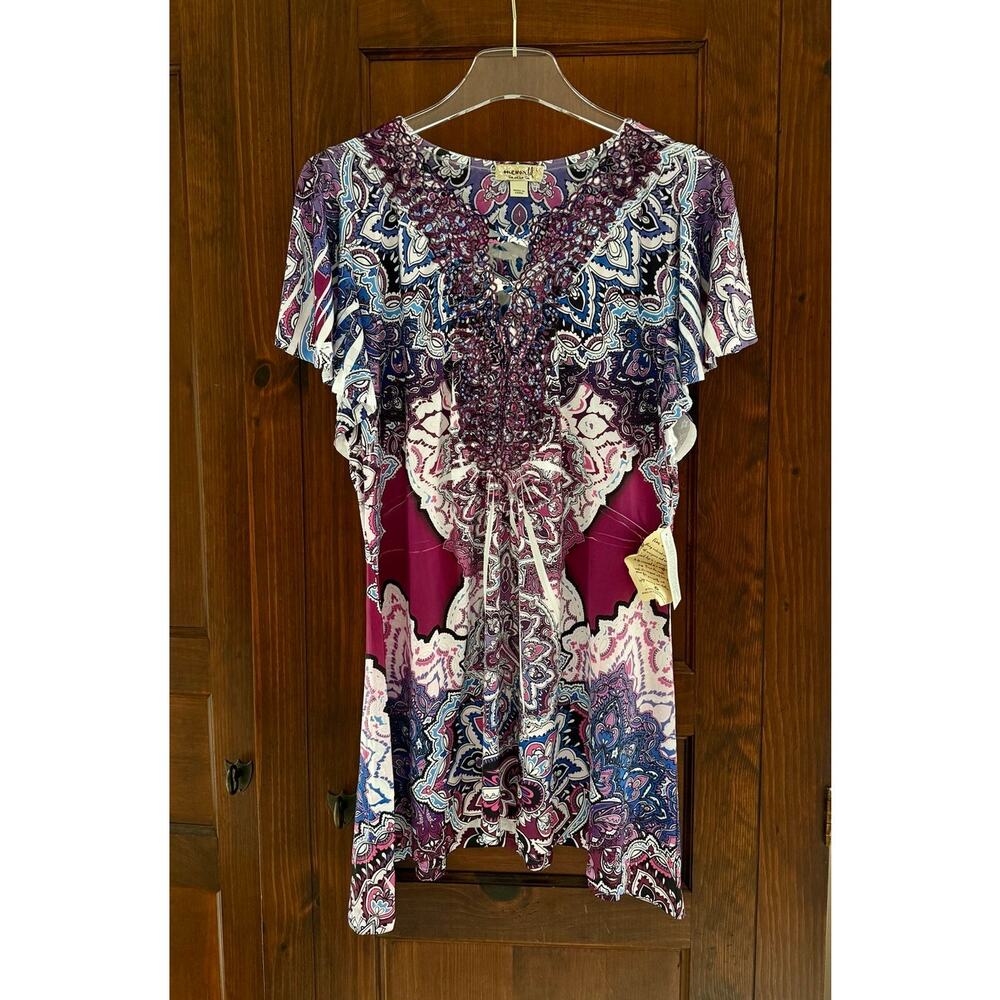 NWT One World Boho Babydoll Tunic Paisley Print Beaded Size Large Pink Purple
